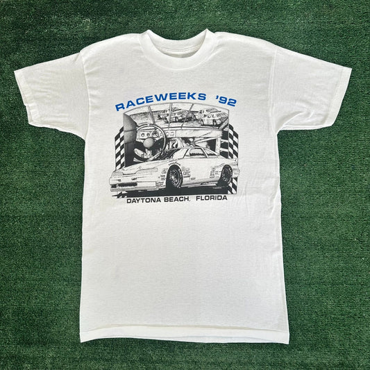 Vintage 90s Daytona 500 Raceweeks 1992 T-Shirt Single Stitch White S/M NASCAR
