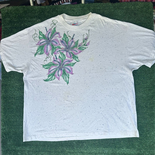Vintage 90s Floral T-Shirt Speckled White XXL Single Stitch Grandma Cottagecore