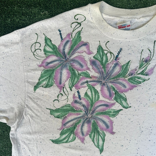Vintage 90s Floral T-Shirt Speckled White XXL Single Stitch Grandma Cottagecore