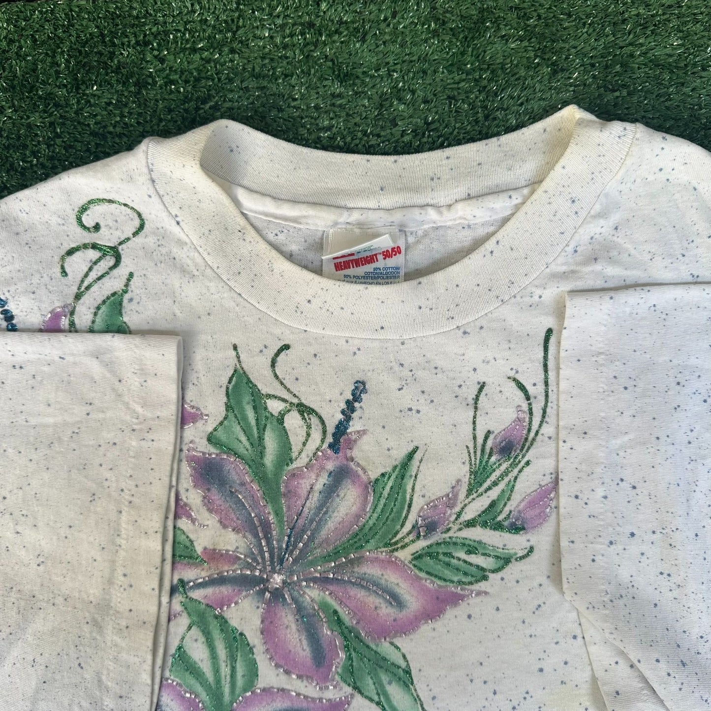 Vintage 90s Floral T-Shirt Speckled White XXL Single Stitch Grandma Cottagecore
