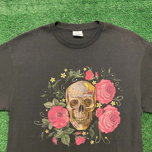 Floral Rose Skull Tattoo Vintage Gothic Punk T-Shirt