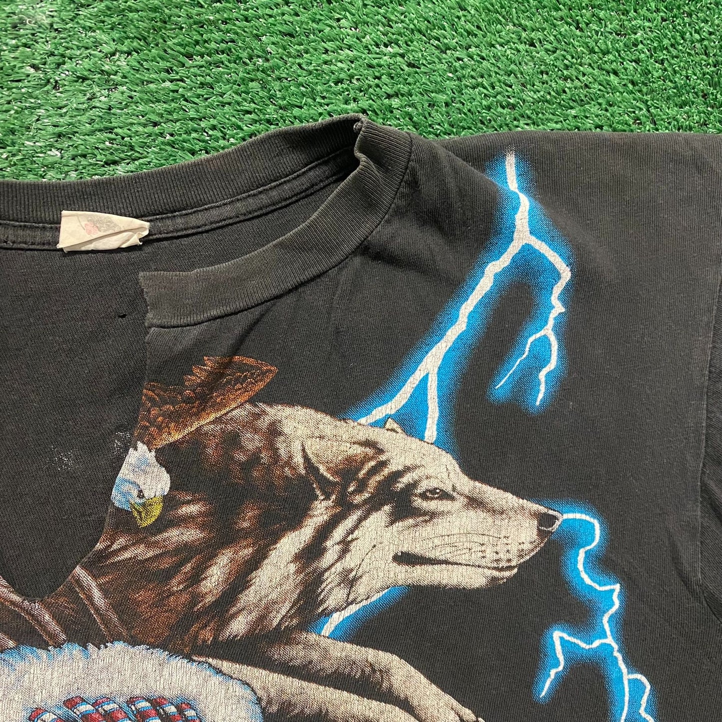 Vintage 90s American Thunder Shirt Native Wolf Western AOP