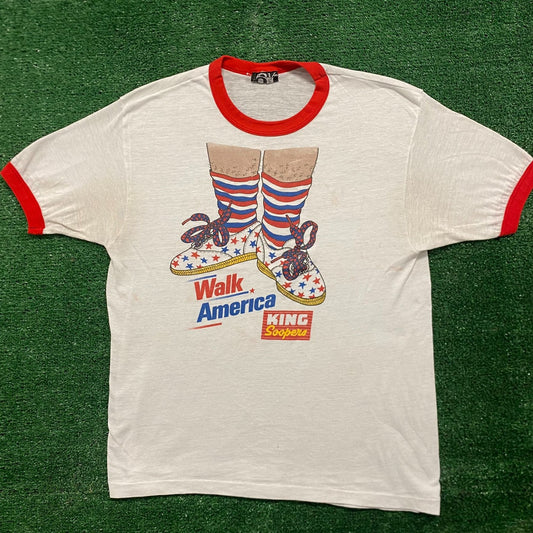 Vintage 80s Walk America Shoes Single Stitch Ringer T-Shirt