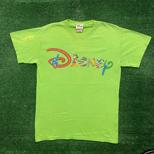 Vintage Y2K Disney Logo Shirt Lime Green Mickey Mouse Tee