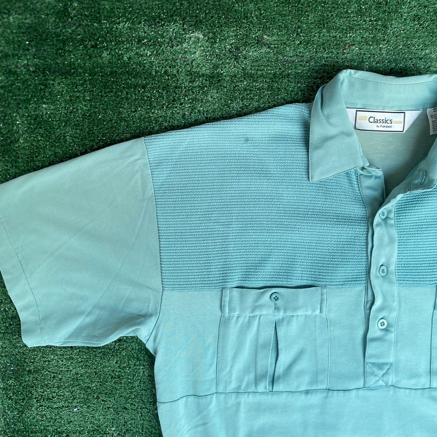 Vintage 80s Teal Banded Polo Shirt Preppy Single Stitch Golf