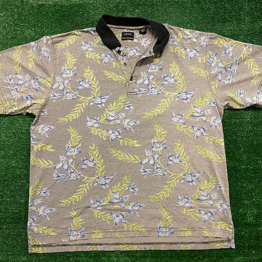 IZOD Striped Floral Flowers Vintage Casual Golf Polo Shirt