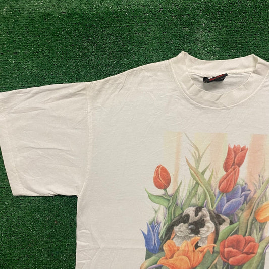 Vintage 90s Rabbit Flower Cute Nature Art Single Stitch Tee