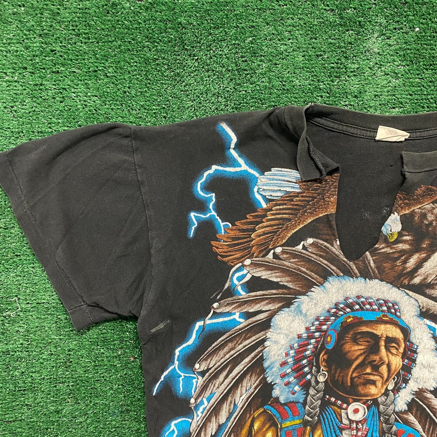 Vintage 90s American Thunder Shirt Native Wolf Western AOP