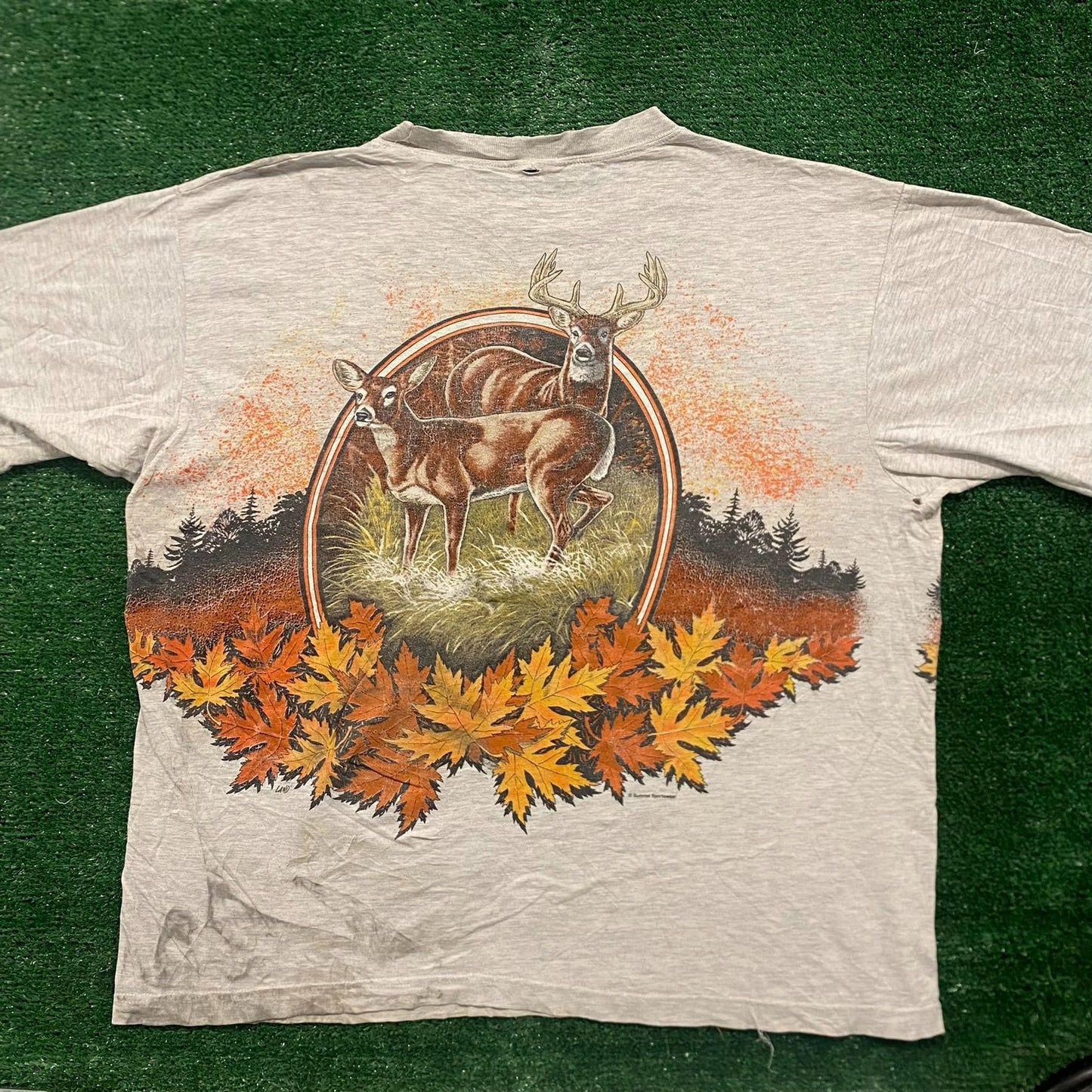 Vintage 90s Deer Autumn Nature Landscape Art Baggy Tee