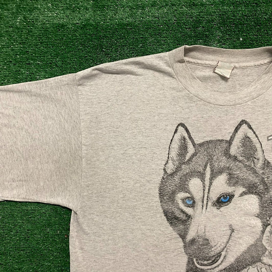 Vintage 90s Husky Sled Dog Racing Nature Animal Art Tee