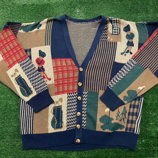 Grandpa Golf Patchwork Vintage 90s Knit Cardigan Sweater