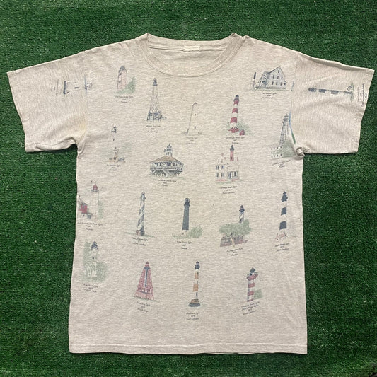 Vintage 90s Lighthouse Print AOP Shirt Preppy Nautical Tee