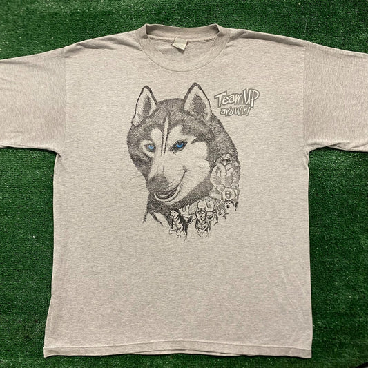 Vintage 90s Husky Sled Dog Racing Nature Animal Art Tee