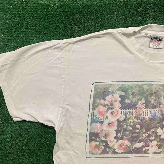 Vintage 90s Flower Garden Shirt Oil Painting Art Floral Tee