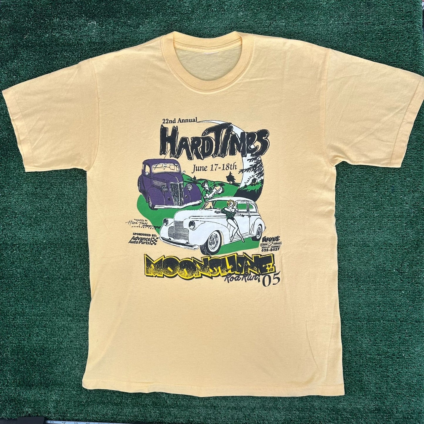 Vintage Y2K Moonshine Rod Run Car Show T-Shirt Yellow M Retro Classic Hot Rod