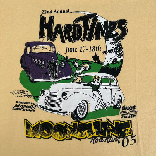 Vintage Y2K Moonshine Rod Run Car Show T-Shirt Yellow M Retro Classic Hot Rod