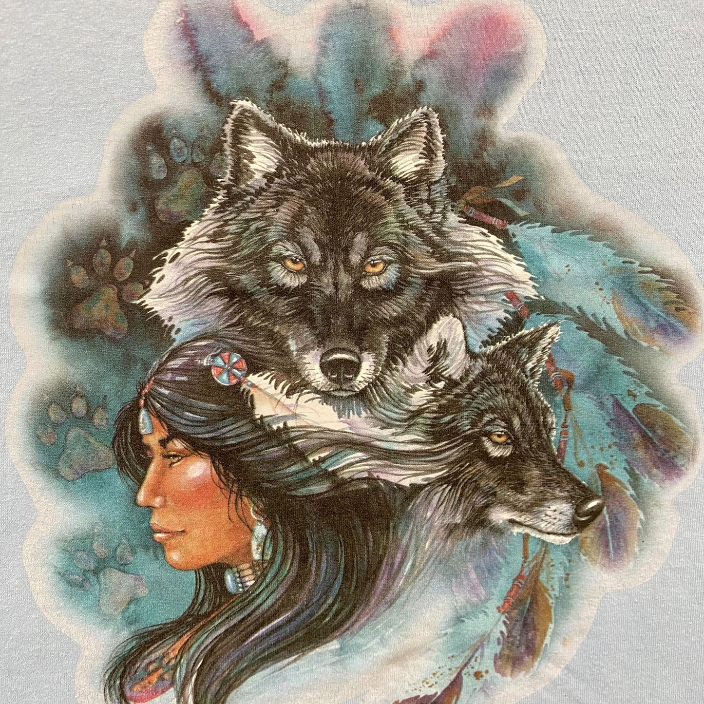 Vintage 90s Wolf Native Shirt Blue Single Stitch Nature Tee