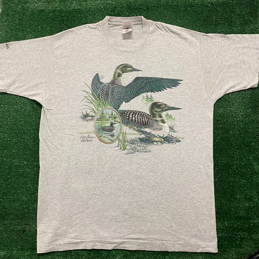 Vintage 90s Ducks Nature Animal Art Gray Single Stitch Tee