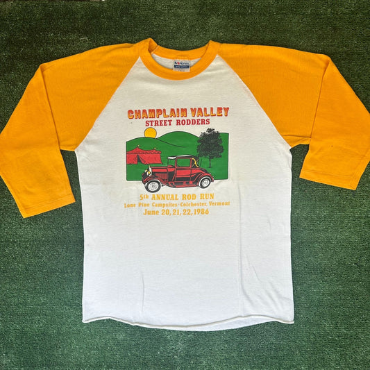 Vintage 80s Champlain Valley Hot Rods Raglan T-Shirt Single Stitch 3/4 Sleeve L