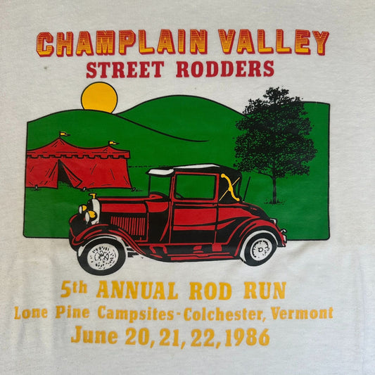 Vintage 80s Champlain Valley Hot Rods Raglan T-Shirt Single Stitch 3/4 Sleeve L