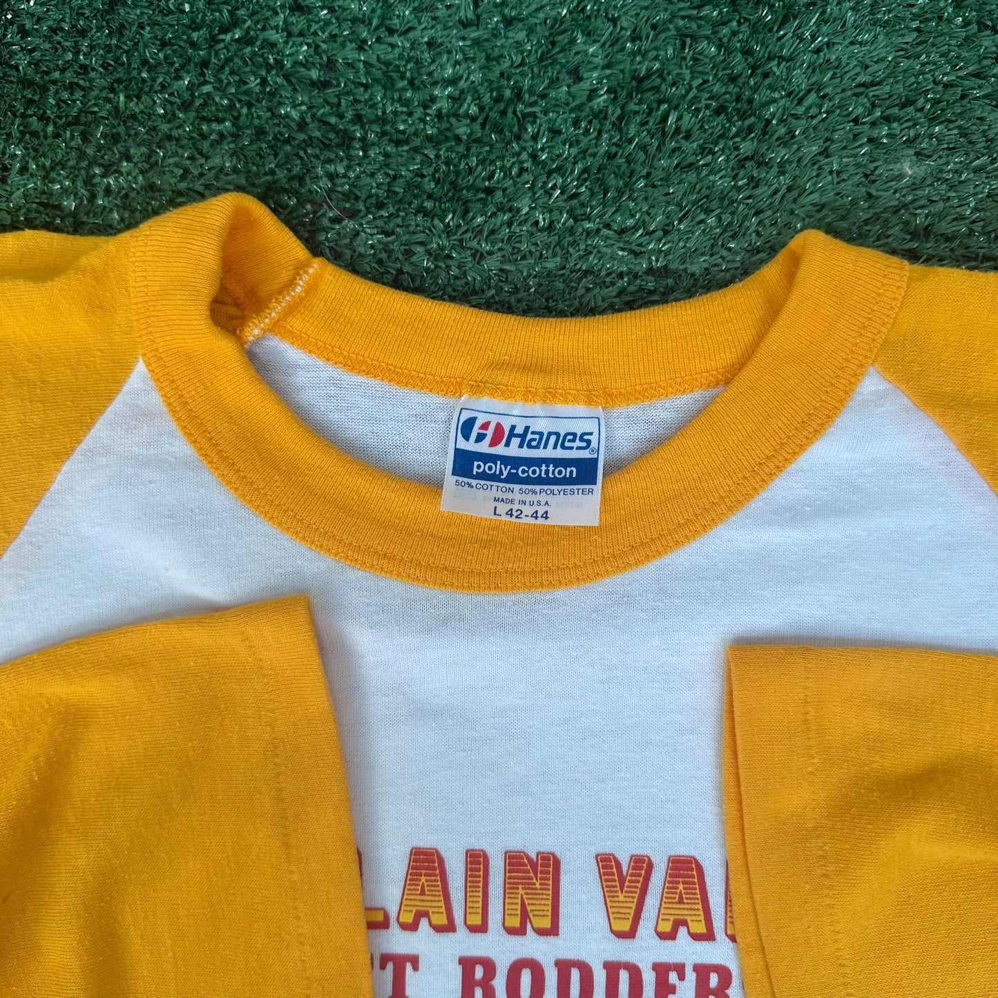Vintage 80s Champlain Valley Hot Rods Raglan T-Shirt Single Stitch 3/4 Sleeve L