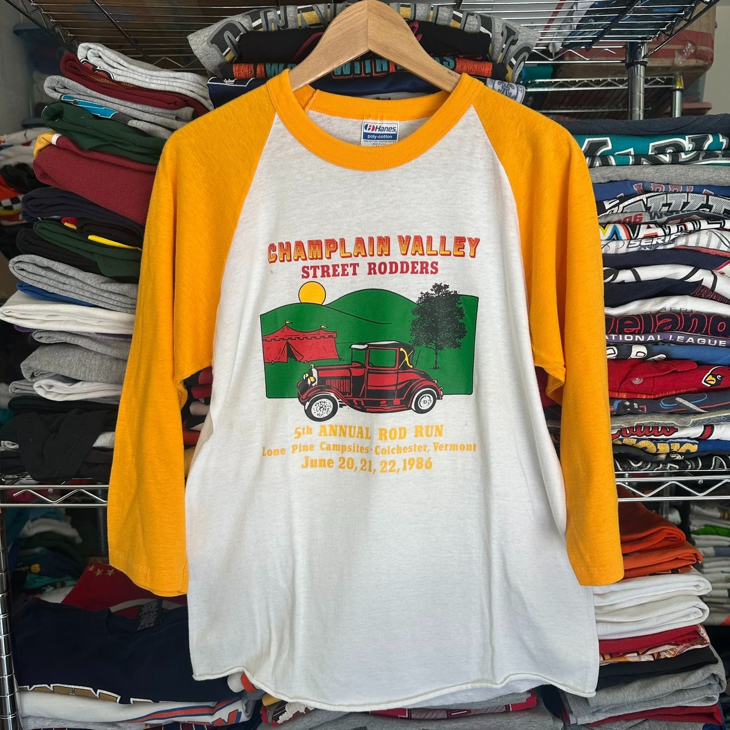 Vintage 80s Champlain Valley Hot Rods Raglan T-Shirt Single Stitch 3/4 Sleeve L
