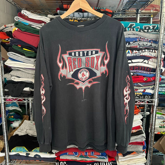 Vintage Y2K Boston Red Sox Tribal Flame T-Shirt Long Sleeve Boxy Faded Black M