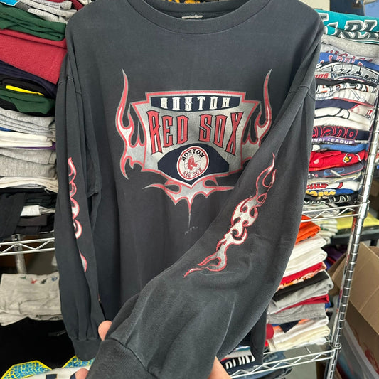 Vintage Y2K Boston Red Sox Tribal Flame T-Shirt Long Sleeve Boxy Faded Black M