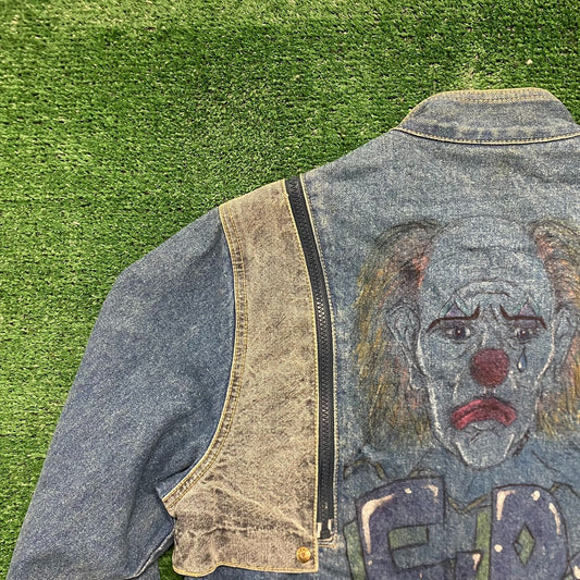 Vintage 90s Denim Bomber Jacket Convertible Vest Clown Art