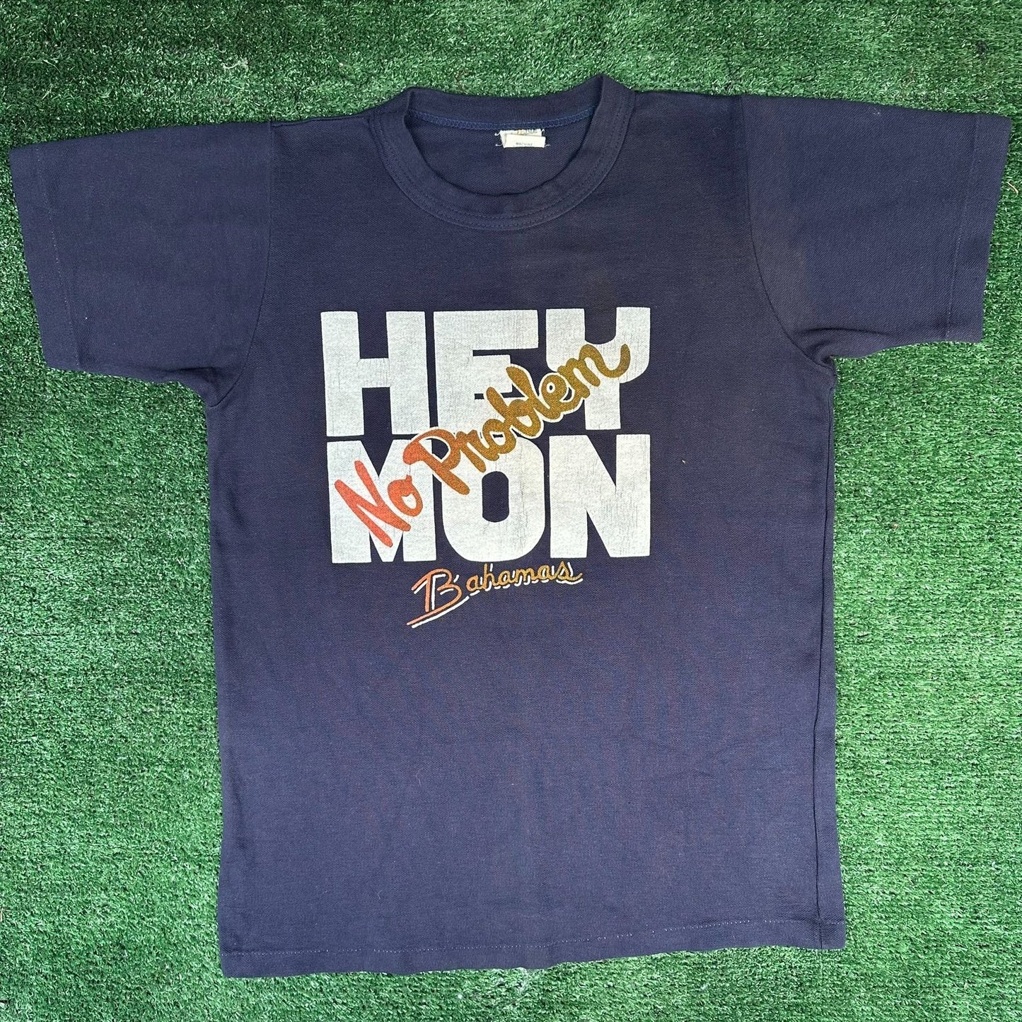 Vintage 80s Hey Mon No Problem Bahamas T-Shirt Navy Single Stitch Surf Tropical