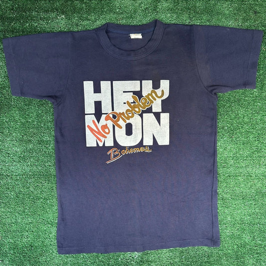 Vintage 80s Hey Mon No Problem Bahamas T-Shirt Navy Single Stitch Surf Tropical
