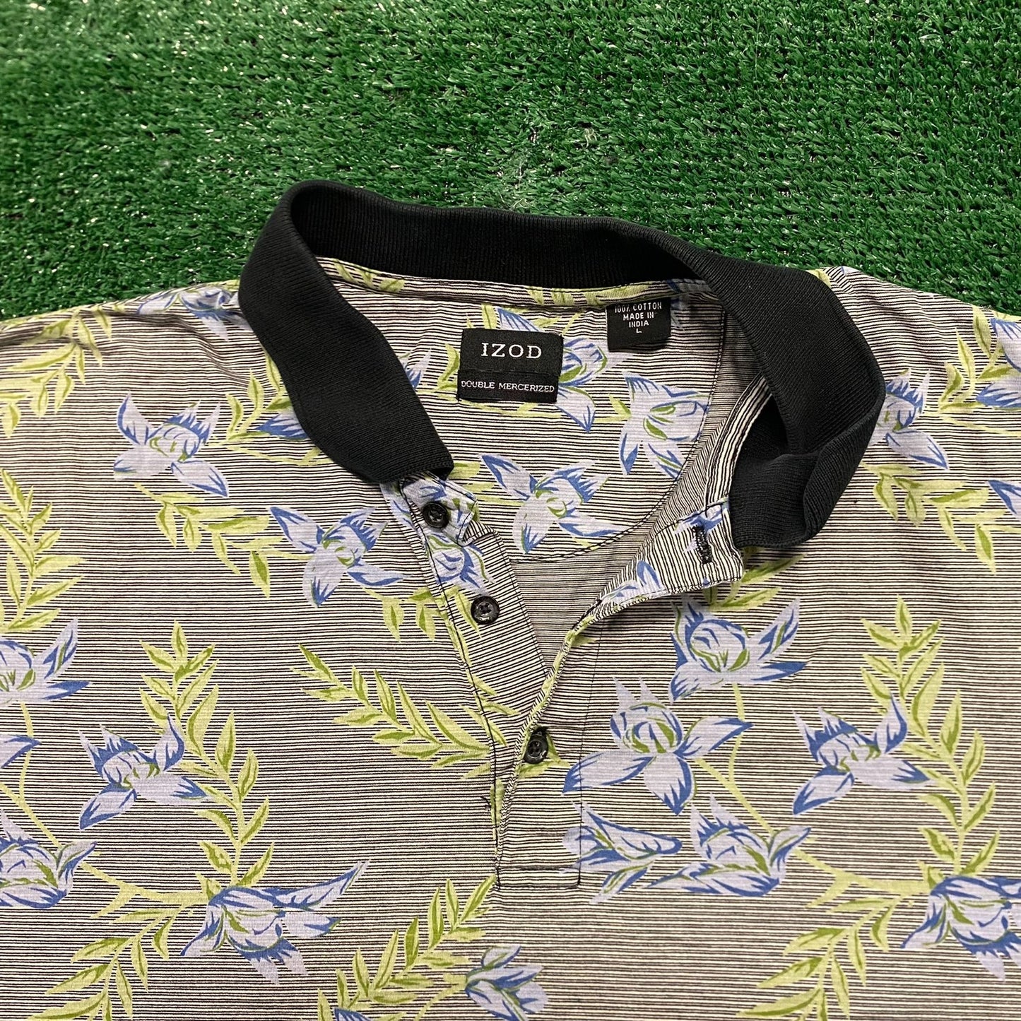 IZOD Striped Floral Flowers Vintage Casual Golf Polo Shirt