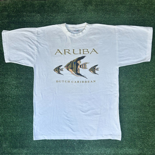 Vintage 90s Aruba Caribbean Fish T-Shirt Tropical Gorpcore Surf Travel White M/L