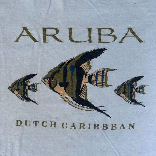 Vintage 90s Aruba Caribbean Fish T-Shirt Tropical Gorpcore Surf Travel White M/L