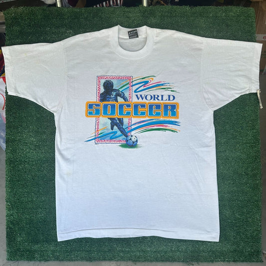 Vintage 90s World Soccer T-Shirt Single Stitch White XL Deadstock Colorful