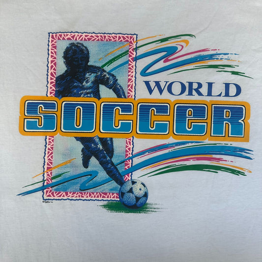 Vintage 90s World Soccer T-Shirt Single Stitch White XL Deadstock Colorful