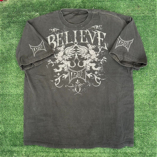 Vintage Y2K Tapout Believe T-Shirt MMA UFC Grunge Punk Boxy Black XL Streetwear