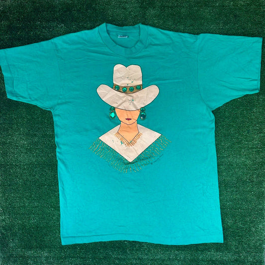 Vintage 90s Cowgirl Jeweled T-Shirt Turquoise L Single Stitch Western Boho