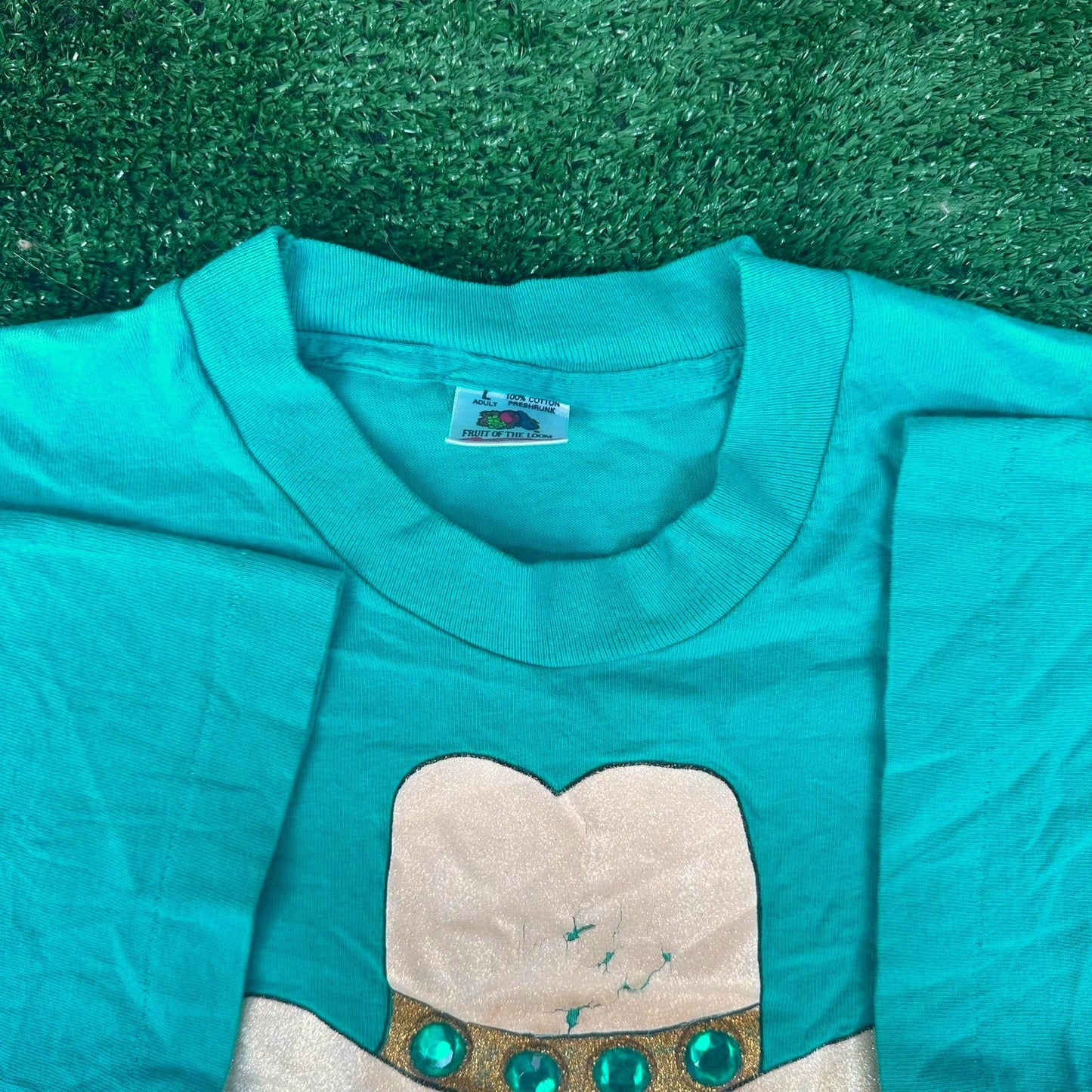 Vintage 90s Cowgirl Jeweled T-Shirt Turquoise L Single Stitch Western Boho