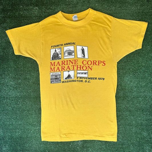 Vintage 70s Marine Corps Marathon 1979 T-Shirt Paper Thin Single Stitch Yellow M