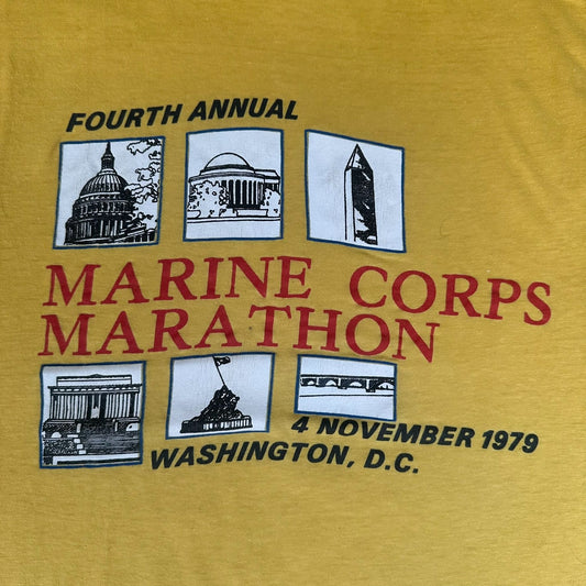 Vintage 70s Marine Corps Marathon 1979 T-Shirt Paper Thin Single Stitch Yellow M