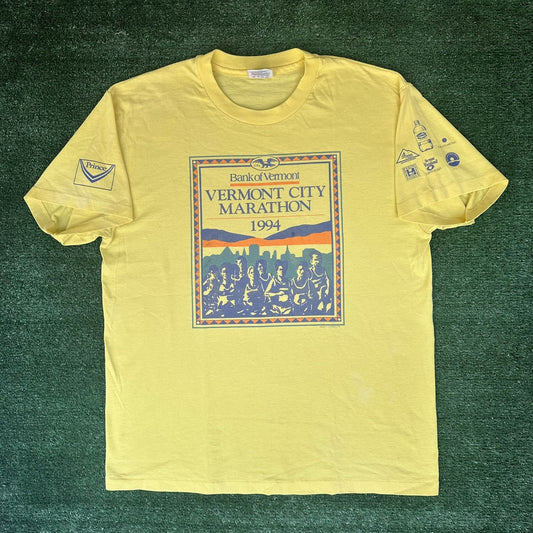 Vintage 90s Vermont Marathon 1994 T-Shirt Running Single Stitch Yellow Large