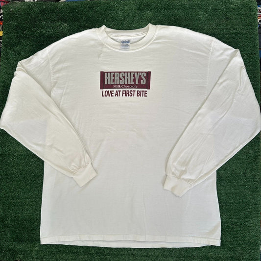 Vintage 90s Hershey's Chocolate Slogan T-Shirt Promo Humor Long Sleeve White XL