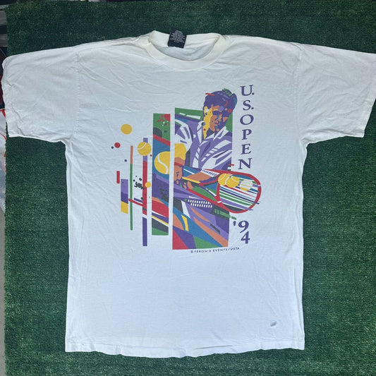Vintage 90s US Open 1994 Tennis T-Shirt White L Single Stitch Colorful Pop Art