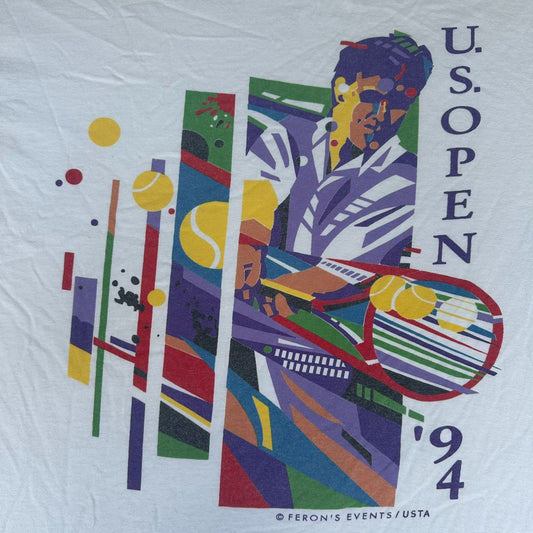 Vintage 90s US Open 1994 Tennis T-Shirt White L Single Stitch Colorful Pop Art