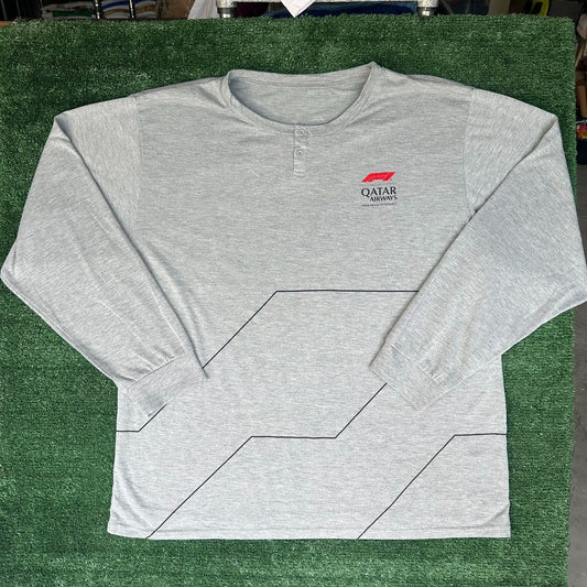 F1 Formula 1 Qatar Airways Henley T-Shirt Long Sleeve Gray XL Motorsport Grunge