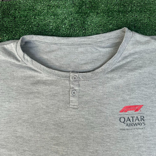 F1 Formula 1 Qatar Airways Henley T-Shirt Long Sleeve Gray XL Motorsport Grunge