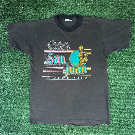 Vintage 80s San Juan Puerto Rico T-Shirt Black Single Stitch Tropical Neon Surf
