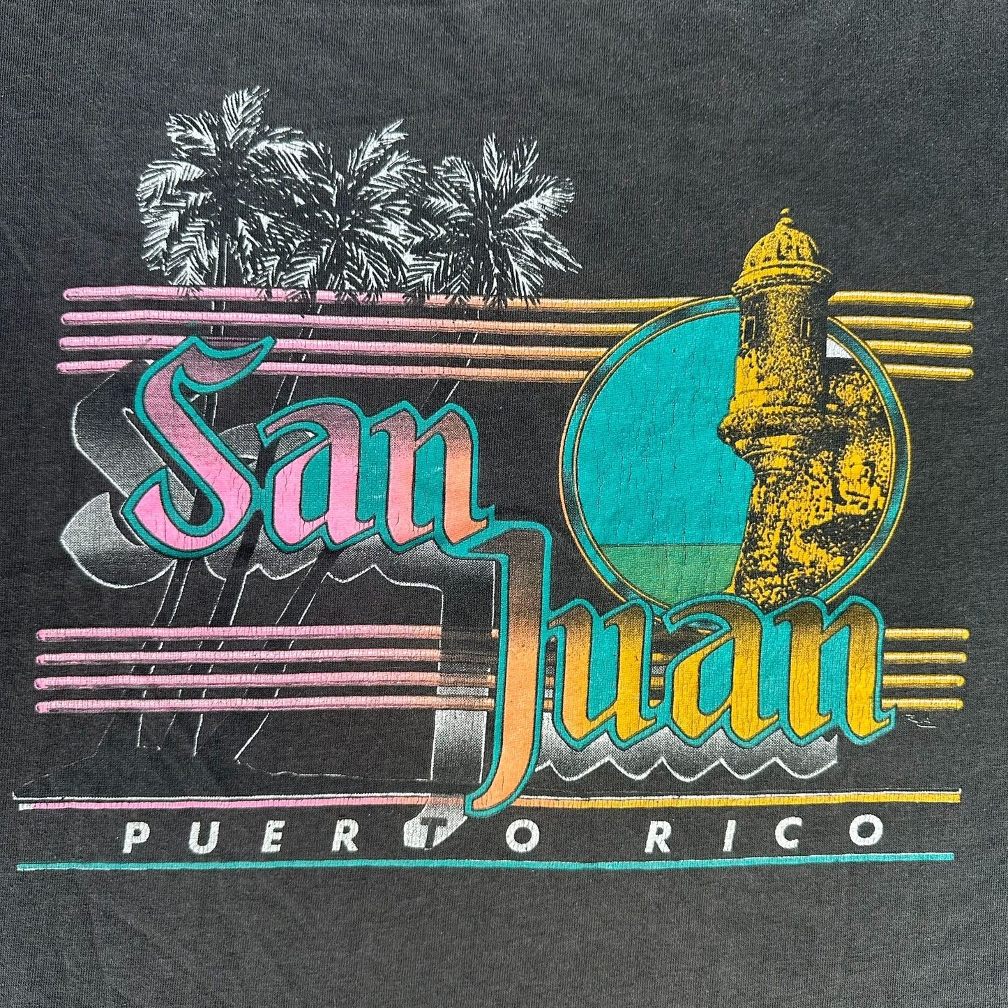 Vintage 80s San Juan Puerto Rico T-Shirt Black Single Stitch Tropical Neon Surf