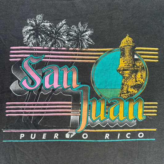 Vintage 80s San Juan Puerto Rico T-Shirt Black Single Stitch Tropical Neon Surf